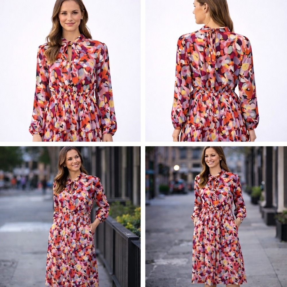 The Kit Joey Dress Womens M Coral Confusion Twill Print Tie Neck Tiered Tencel